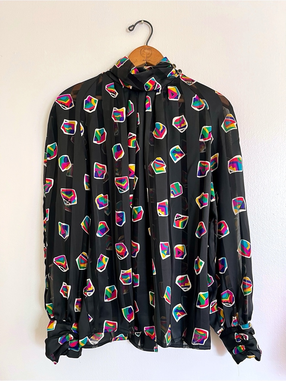 Vintage 80s Jordan Black Sheer Stripe Colorful Gemstone Print Blouse Mock Neck